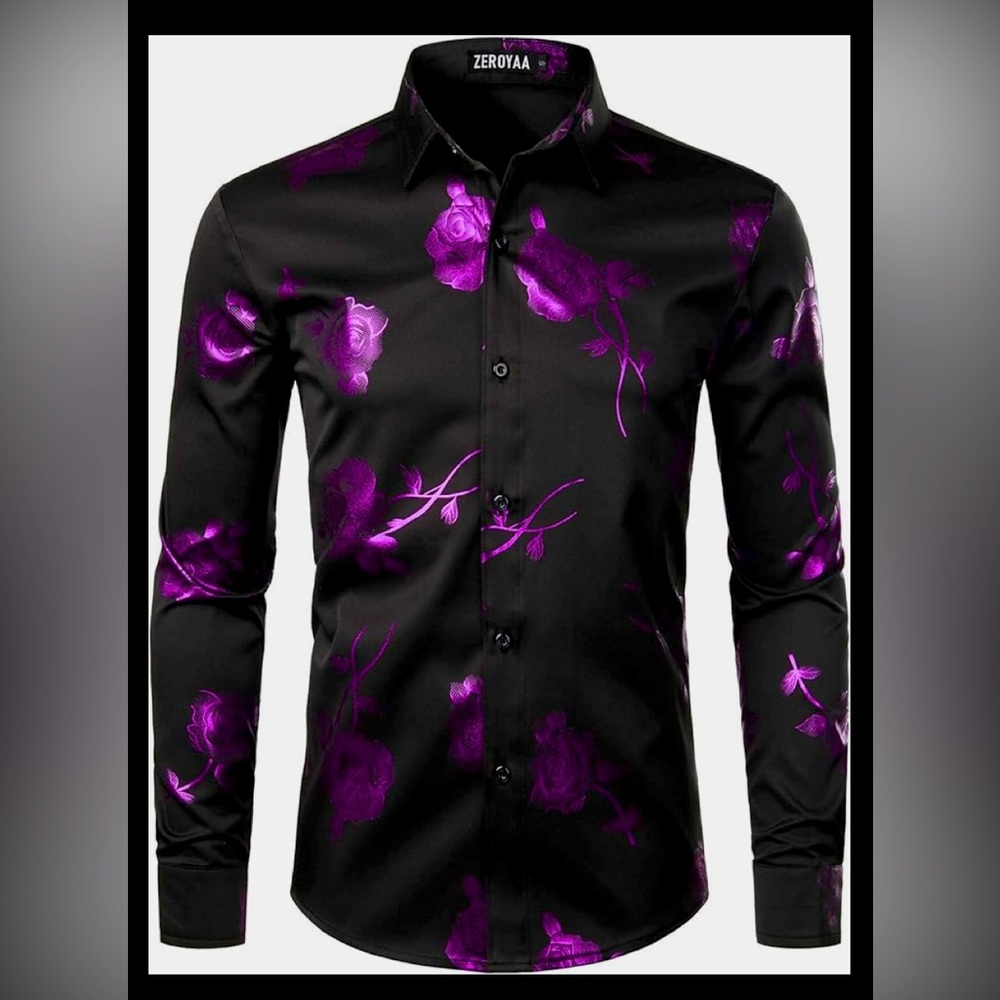 NWOT ZEROYAA Mens Hipster Rose Deign Slim Fit Long Sleeve Button Up Dress Shirt